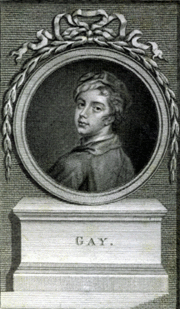 Portrait of John Gay from Samuel Johnson's Lives of the English Poets, the 1779 edition.  Gay's gentle satire was a contrast with the harsher Pope and Swift.