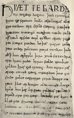 First page of Beowulf, contained in the damaged Nowell Codex.