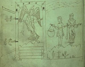 In this illustration from page 46 of the Caedmon (or Junius) manuscript, an angel is shown guarding the gates of paradise.