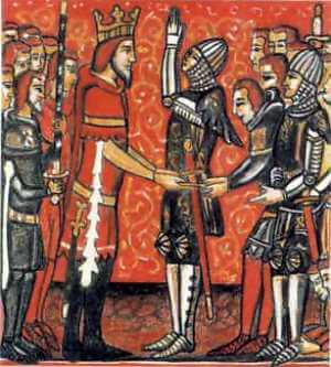 Roland pledges his fealty to Charlemagne; from a manuscript of a chanson de geste.